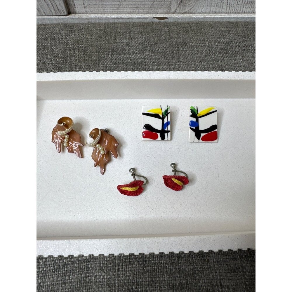 Vintage Abstract & Floral Clip-On Earrings Set of 3 Womens Fashion Jewerly